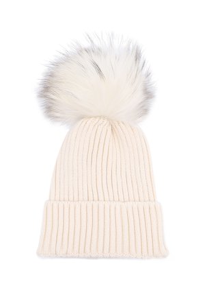 Berretto a maglia color crema con texture a coste e un grande pompon in pelliccia sintetica bianca sulla parte superiore. Presenta un risvolto per una vestibilità aderente.