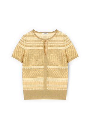 Haut en maille beige à manches courtes avec des rayures horizontales, un col en forme de trou de serrure et un motif texturé, posé à plat sur un fond blanc.