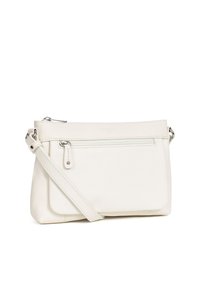 Borsa a tracolla bianca in pelle con apertura superiore a zip, tracolla regolabile e tasca frontale con dettaglio a zip. Texture liscia con sottili accenti di cucitura.