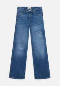 Blå vide jeans med frontknap, fem lommer og diskret falmet slid på lårerne, mærket ONLY.