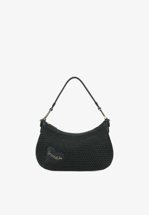 Zwart geweven handtas met één riem, ritssluiting en een hartvormige patch met goudkleurig "braccialini" logo aan de voorkant.