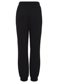 Zwarte sweatpants van zachte stof, met een elastische tailleband en ingezette enkels voor een ontspannen pasvorm. Eenvoudig en veelzijdig ontwerp.