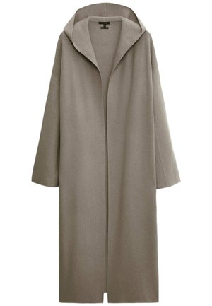Long manteau taupe à capuche avec devant ouvert et larges manches, conçu pour une coupe ample et décontractée.