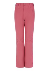 Pink waterproof ski pants feature a straight-leg design, adjustable waistband, and reinforced knee panels for added durability.
