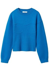 Pull bleu raccourci à manches longues, texture côtelée, avec un motif ressemblant à une ligne de buste à l'avant. Tissu doux et col rond.