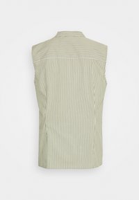 Camisa sin mangas en verde claro con finas rayas verticales, que presenta un cuello alto y un diseño de corte recto. La vista posterior muestra detalles de costura.