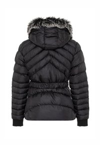 Schwarze Daunenjacke mit Kapuze, ausgestattet mit einem Kunstpelzbesatz, Chevron-Steppdesign, tailliertem Schnitt und gerippten Bündchen.