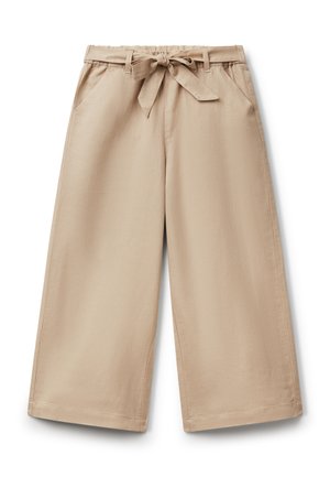 Beige wijde broekspijpen van een gladde stof, met een gestrikt middel, zijzakken en een nette zoom.