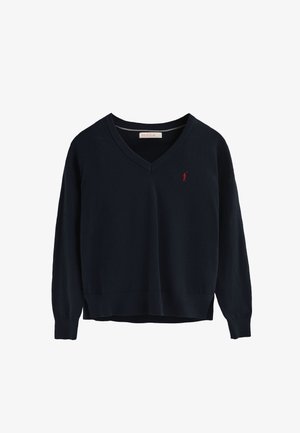 Marineblå V-hals sweater lavet af blødt stof, med lange ærmer, ribbede manchetter og en lille rød logo accent på brystet.