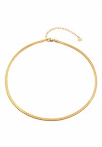 Złoty naszyjnik choker z płaskim, teksturowanym wzorem siatki. Posiada zapięcie i krótką przedłużkę z małym charms'em.