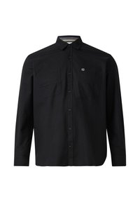 Zwarte langwerpige shirt van katoen, met een button-down kraag, twee borstzakken en subtiele merkopdruk op de linker zak.