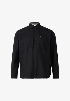 Schwarzes Langarmshirt aus Baumwolle, mit Kentkragen, zwei Brusttaschen und subtiler Markenkennzeichnung auf der linken Tasche.
