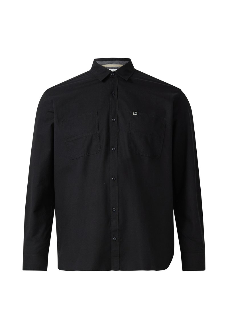 Zwarte langwerpige shirt van katoen, met een button-down kraag, twee borstzakken en subtiele merkopdruk op de linker zak.