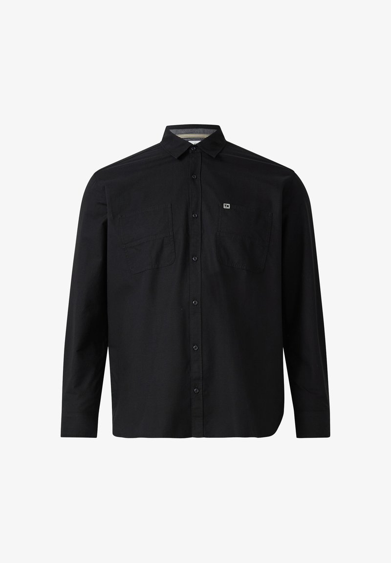 Zwarte langwerpige shirt van katoen, met een button-down kraag, twee borstzakken en subtiele merkopdruk op de linker zak.