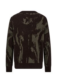 Strickpullover mit einem dunkelbraunen Grundton und einem grünen abstrakten Camouflage-Muster. Lässige Passform, Rundhalsausschnitt und gerippte Bündchen sowie den Saum.