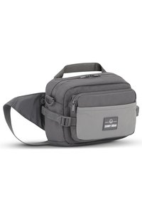 Borsa a spalla grigia con esterno in tessuto, scomparti con cerniera, tracolla regolabile e tasca frontale più chiara in contrasto con il logo.