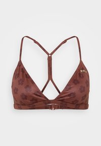 Brauner Bikini-Oberteil mit floralem Muster und V-Ausschnitt, verstellbaren Trägern und gekreuztem Rückenteil. Hergestellt aus glattem, dehnbarem Material.