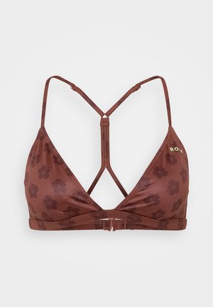 Brown floral-patterned bikini top with a V-neck design, adjustable straps, and a crossed back. Made from smooth, stretchy material.