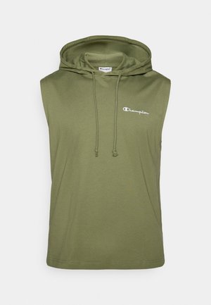 Ärmelloser Kapuzenpullover aus olivgrünem Baumwollstoff, mit verstellbarem Kordelzug, Frontlogo und lockerer Passform mit geradem Saum.