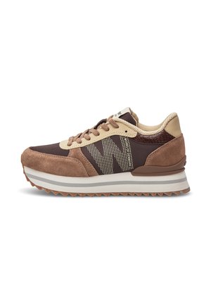 Brown suede and textile sneaker with beige accents, featuring a textured side and a white, layered midsole with a ridged outsole.