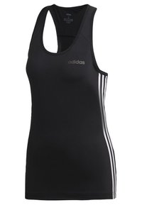 Black athletic tank top made of a smooth, stretch fabric. Features a racerback design and three white vertical stripes on each side.