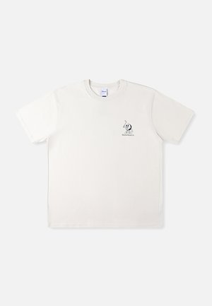 White cotton t-shirt with short sleeves, featuring a small black graphic print on the left chest and a crew neck design.