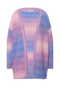 Lättviktscardigan med en gradient av rosa, lila och blå färger. Tillverkad av ribbad stickad tyg med öppen frontdesign och långa ärmar.