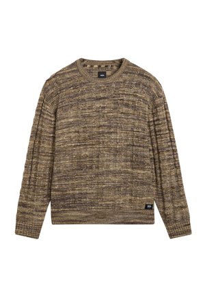 Brown knit sweater featuring a textured design with horizontal stripes, ribbed cuffs, and hem. Brand tag located on the lower left side.