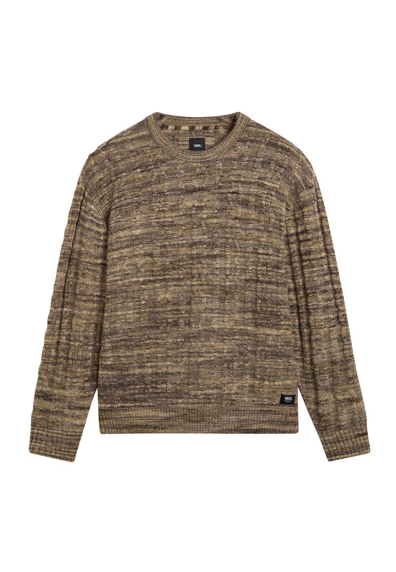 Brun stickad tröja med en texturerad design med horisontella ränder, ribbade muddar och fåll. Märkesskylt placerad på nedre vänstra sidan.