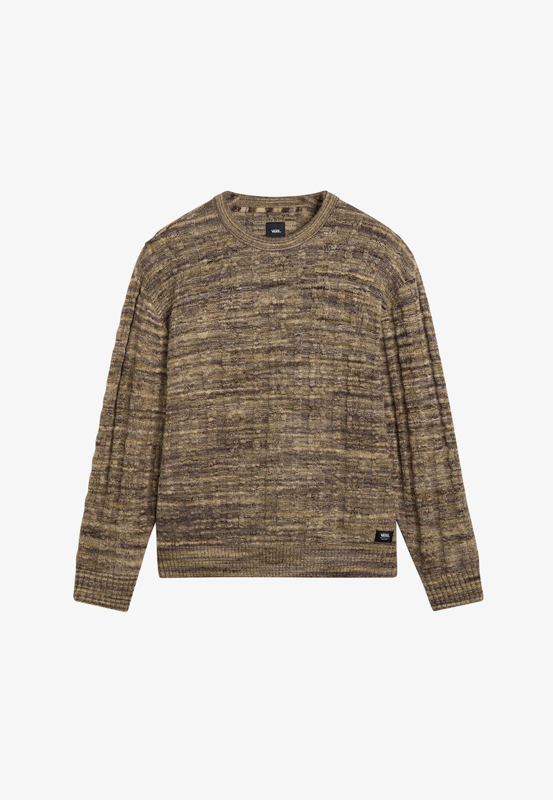 Brun stickad tröja med en texturerad design med horisontella ränder, ribbade muddar och fåll. Märkesskylt placerad på nedre vänstra sidan.