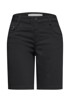 Schwarze knielange Shorts mit Knopf vorne, Reißverschluss, Gürtelschlaufen und einer kleinen Reißverschlusstasche auf der rechten Seite.