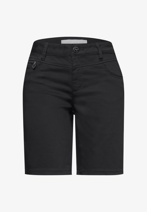 Zwarte knielange shorts met voorste knoop, rits, riemlussen en een klein ritsvak aan de rechterkant.
