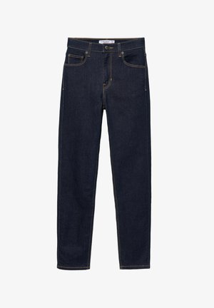 Jeans blu scuro a vita alta con tasche anteriori e posteriori, chiusura con bottoni e cuciture a contrasto su sfondo bianco.