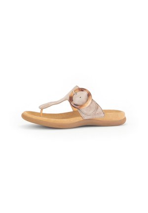 Sandales thong beige clair avec un accent en bois rond, en matière suédée douce, semelle intérieure rembourrée couleur tan et semelle flexible marron clair.