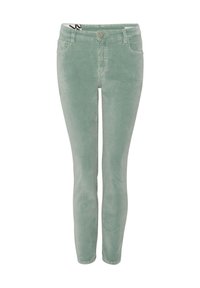 Pantalones ajustados verde claro, hechos de tela suave, con cierre de botón frontal, trabillas para cinturón y cuatro bolsillos con una textura lisa.