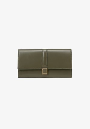 Olive green wallet with a glossy leather finish, rectangular shape, contrasting gold square hardware, and a fold-over flap closure.