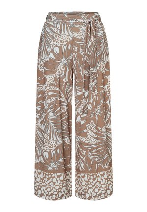 Beige weite Hosen mit weißen tropischen Blatt- und gepunkteten Mustern, mit einem passenden Stoffgürtel an der Taille.