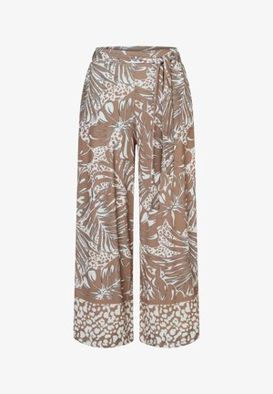 Beige weite Hosen mit weißen tropischen Blatt- und gepunkteten Mustern, mit einem passenden Stoffgürtel an der Taille.