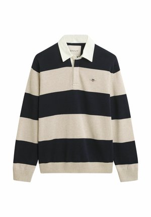 Gebreide pullover met lange mouwen, voorzien van horizontale strepen in marineblauw en beige. Klassieke witte kraag en geborduurd logo op de borst.