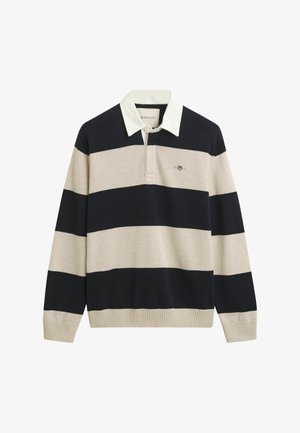 Maglione lavorato a maglia con maniche lunghe, caratterizzato da righe orizzontali in blu navy e beige. Collo bianco classico e logo ricamato sul petto.