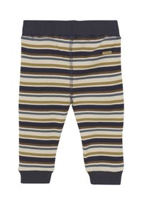 Stribede børnebukser i skiftende farver af marineblå, beige, brun og lyseblå. Ribbet tekstur med elastisk talje.