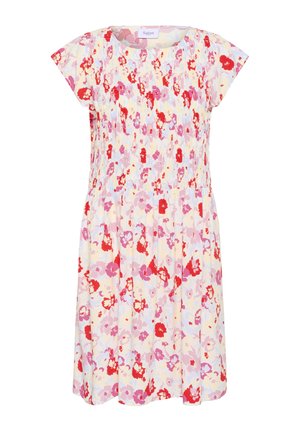 Kwiatowa sukienka z krótkimi rękawami typu cap, z jasnobiałym tłem oraz czerwonymi, różowymi i fioletowymi kwiatami. Szczegół w talii z marszczeniem dla lepszego dopasowania.