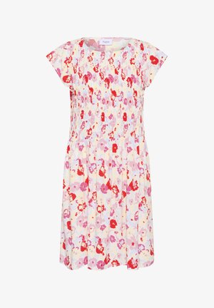 Kwiatowa sukienka z krótkimi rękawami typu cap, z jasnobiałym tłem oraz czerwonymi, różowymi i fioletowymi kwiatami. Szczegół w talii z marszczeniem dla lepszego dopasowania.