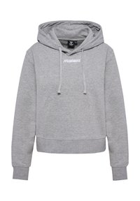 Grå huva tröja i mjukt material, med en kenguruficka, ribbade ärmslut och en vit logga tvärs över bröstet.