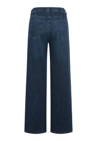 Jeans in denim scuro a gamba larga con vita media, dotati di due tasche posteriori e una superficie liscia e pulita.