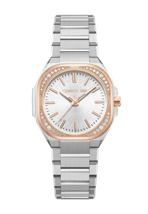 Zilveren polshorloge met roségouden lunet, bezet met diamanten, zilveren wijzerplaat, roségouden uurmarkeringen en wijzers, en metalen schakelband.