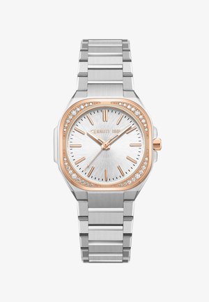 Zilveren polshorloge met roségouden lunet, bezet met diamanten, zilveren wijzerplaat, roségouden uurmarkeringen en wijzers, en metalen schakelband.