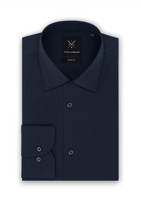 Granatowa slim-fit koszula z długim rękawem, z wyostrzonym kołnierzykiem, mankietem na jeden guzik i dopasowanymi guzikami. Gładka tekstura z minimalistycznym wzornictwem.