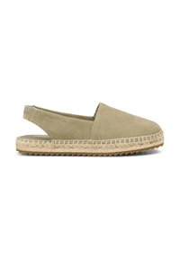 Groene suède slingback espadrille met een geweven jute zool en rubberen grip, voorzien van een ronde neus en een minimalistisch design.