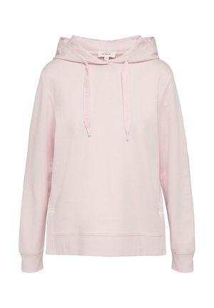 Light pink hoodie made of soft fabric, featuring a relaxed fit, a drawstring hood, and side pockets. Smooth texture with ribbed cuffs.